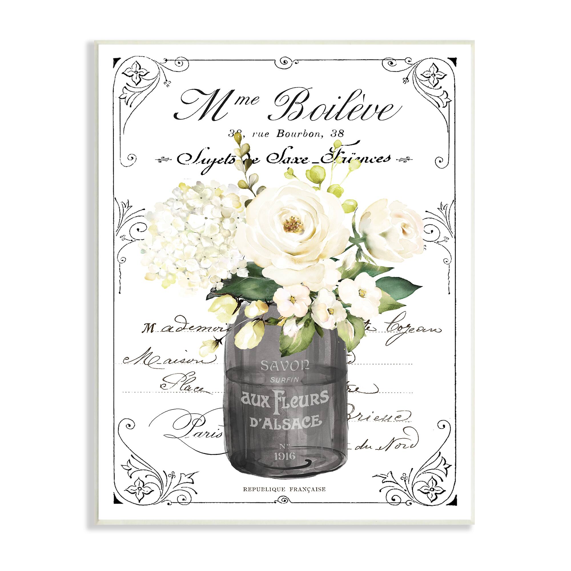Stupell Industries Vintage Parisian Bathroom Floral Bouquet White Flowers Wood Wall Plaque
